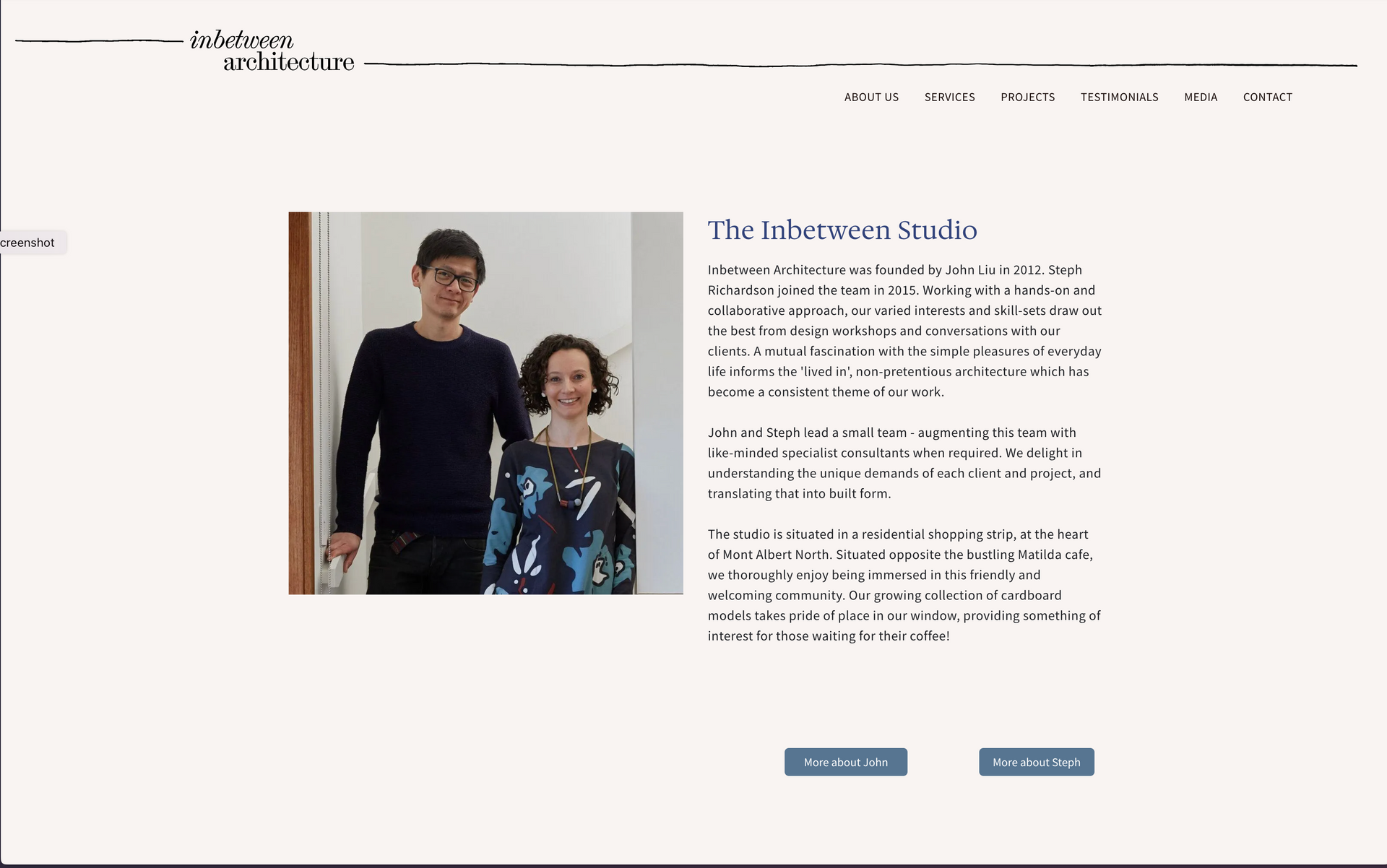 A man and a woman are standing next to each other on a website. inbetween architecture website