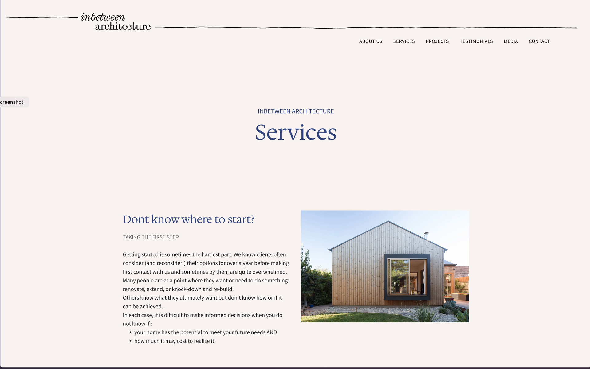 A website with a picture of a house and the words `` services ''. inbetween architecture website