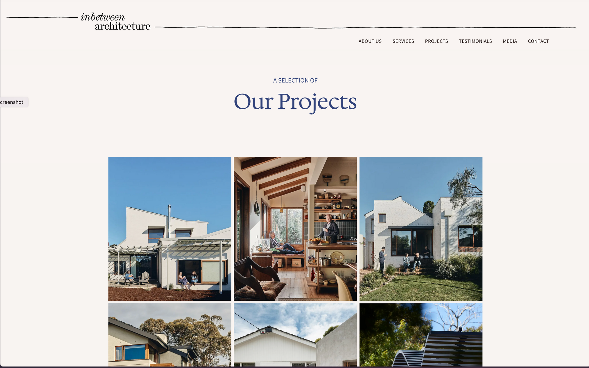 A screenshot of a website showing a collage of pictures of houses. inbetween architecture website