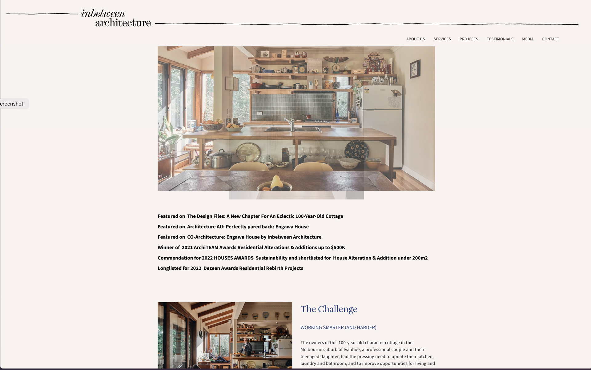 A website with a picture of a kitchen on it. inbetween architecture website