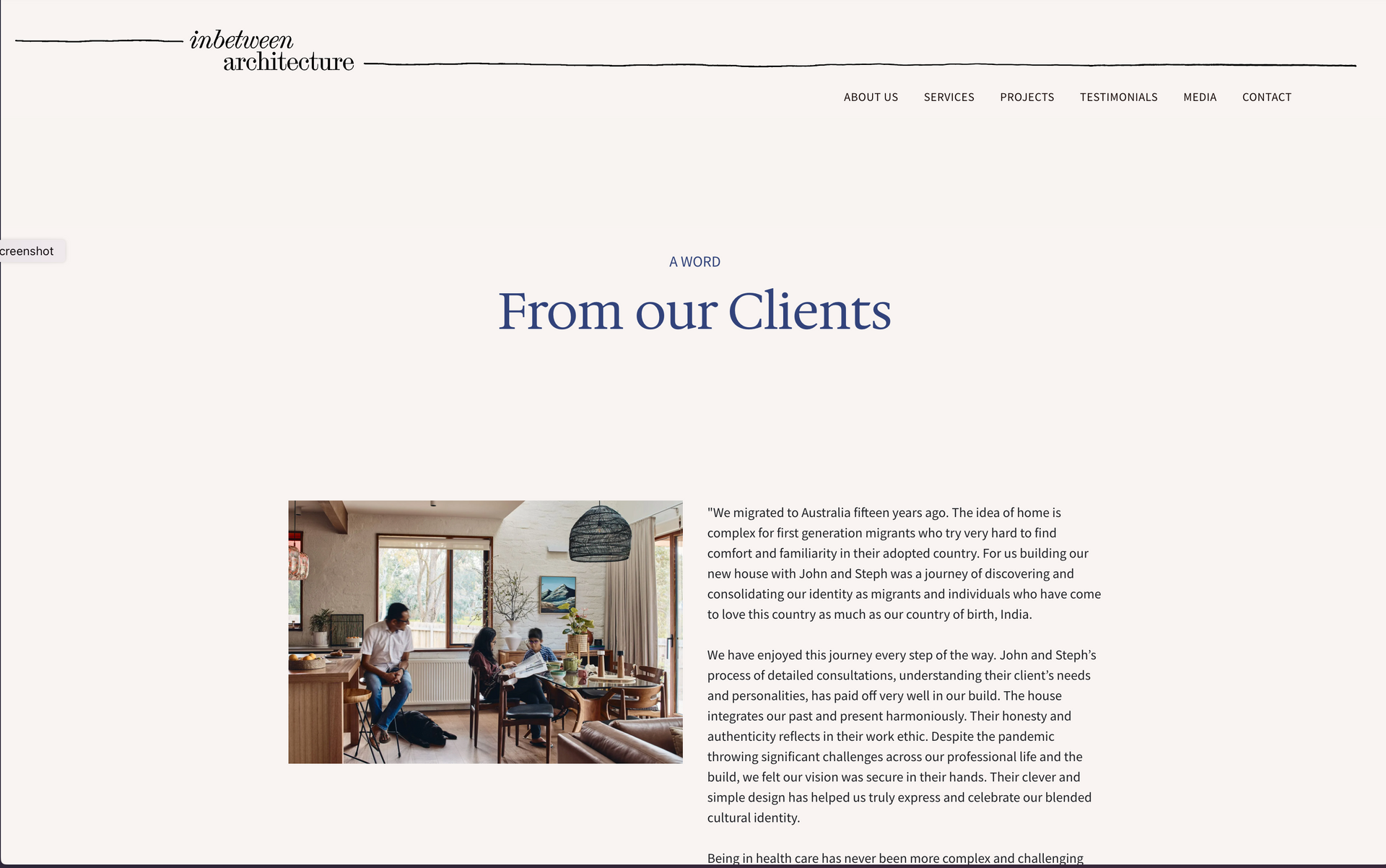A screenshot of a website that says `` from our clients '' inbetween architecture website