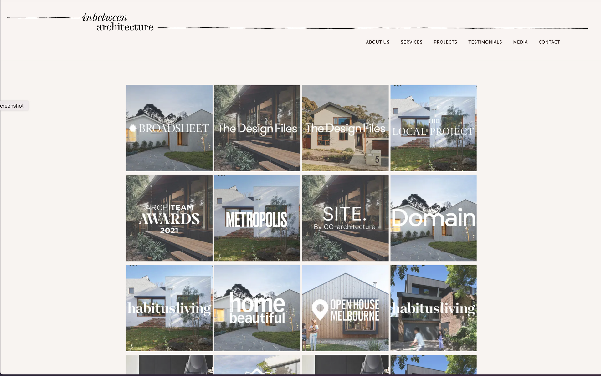 A collage of pictures of houses on a website. inbetween architecture website