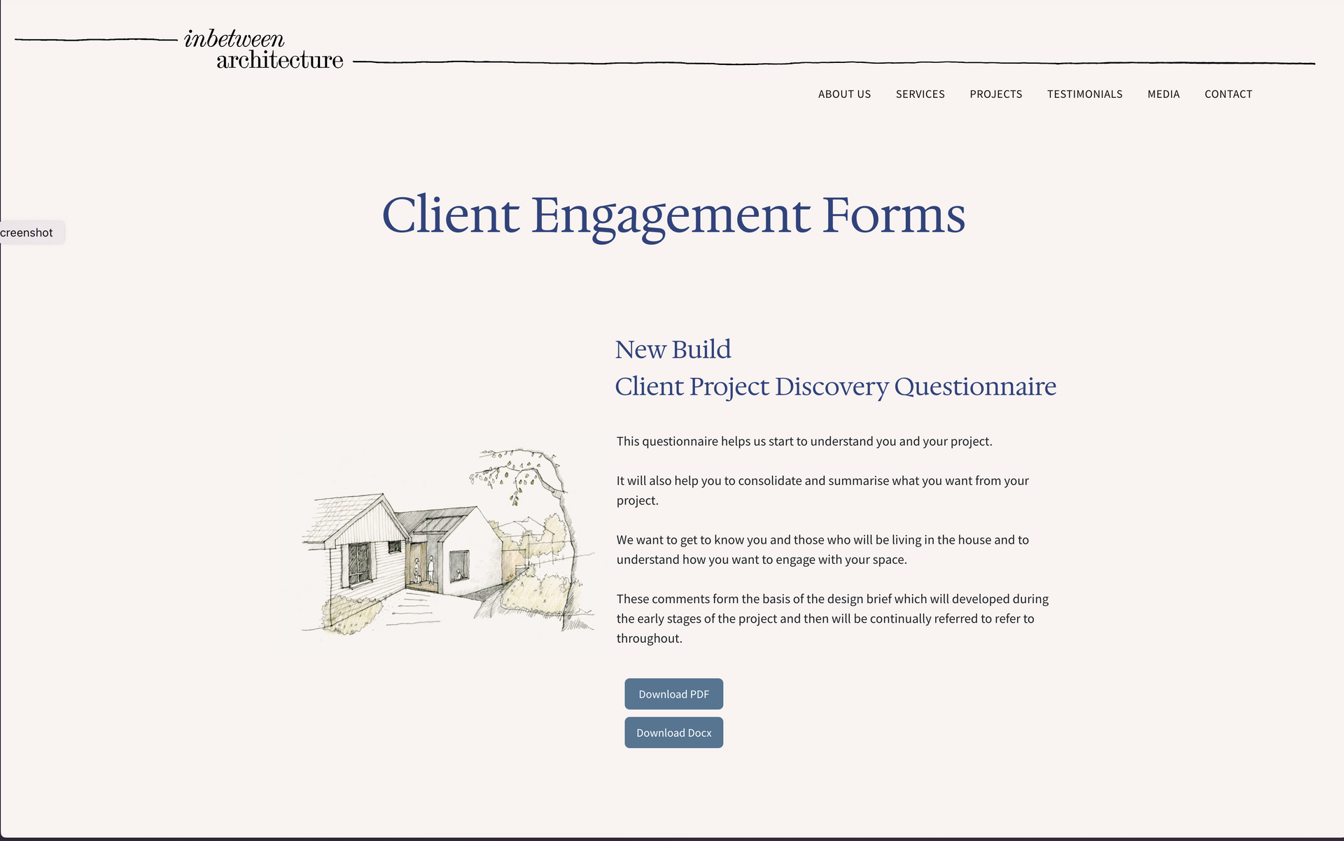 A screenshot of a website titled client engagement forms. inbetween architecture website