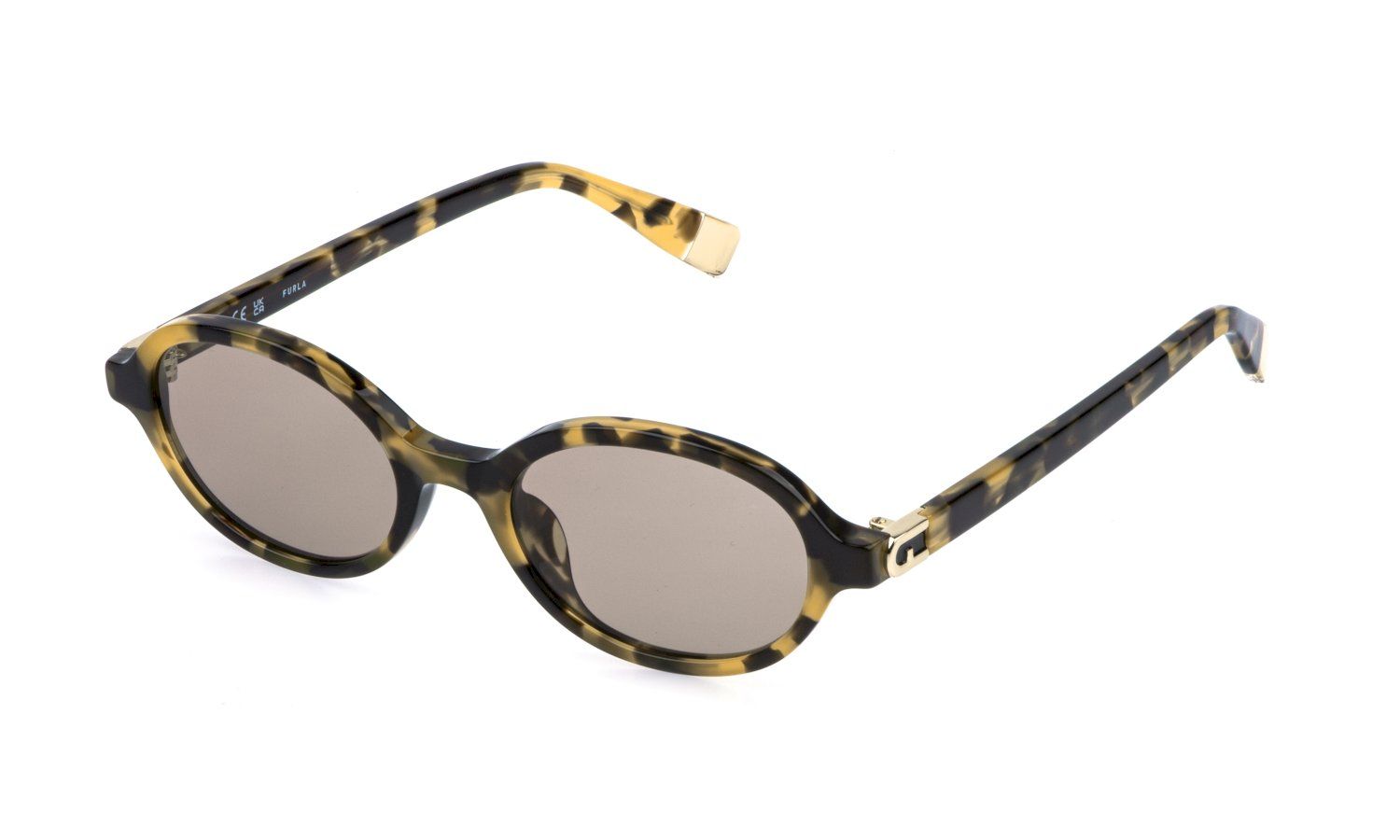 Un paio di occhiali da sole rotondi con montatura leopardata su sfondo bianco.