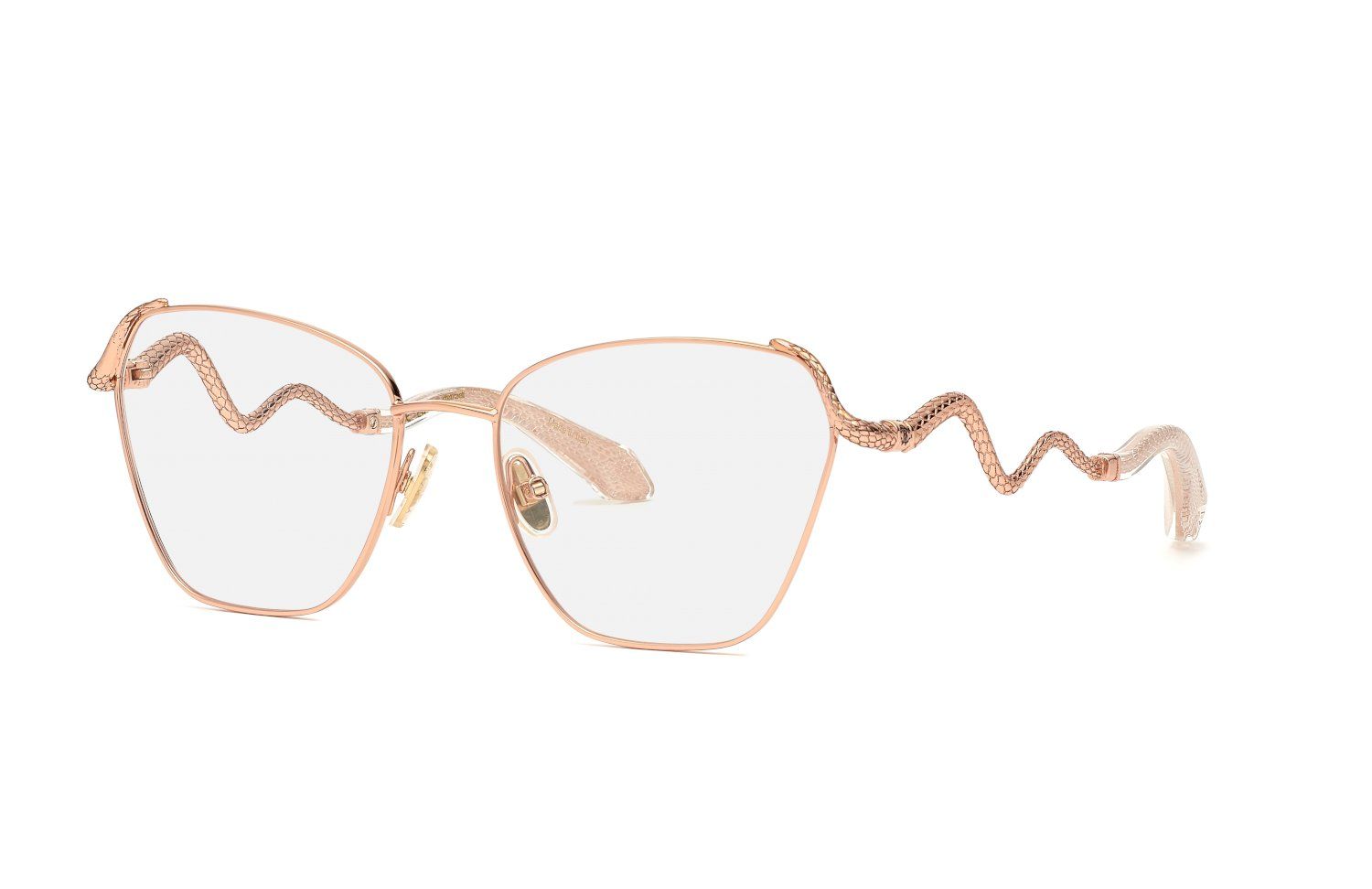 Un paio di occhiali con montatura attorcigliata su sfondo bianco.