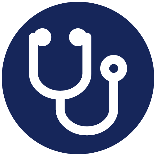 A white stethoscope icon in a blue circle.