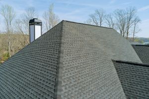 Gray shingled house roof with a chimney, seen against leafless trees and a blue sky