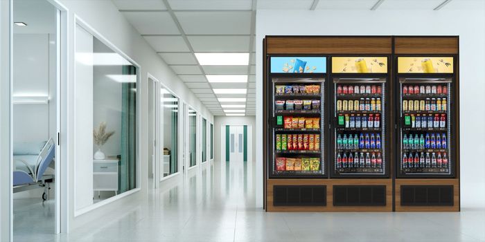 There are a lot of refrigerators in the hallway of a hospital.