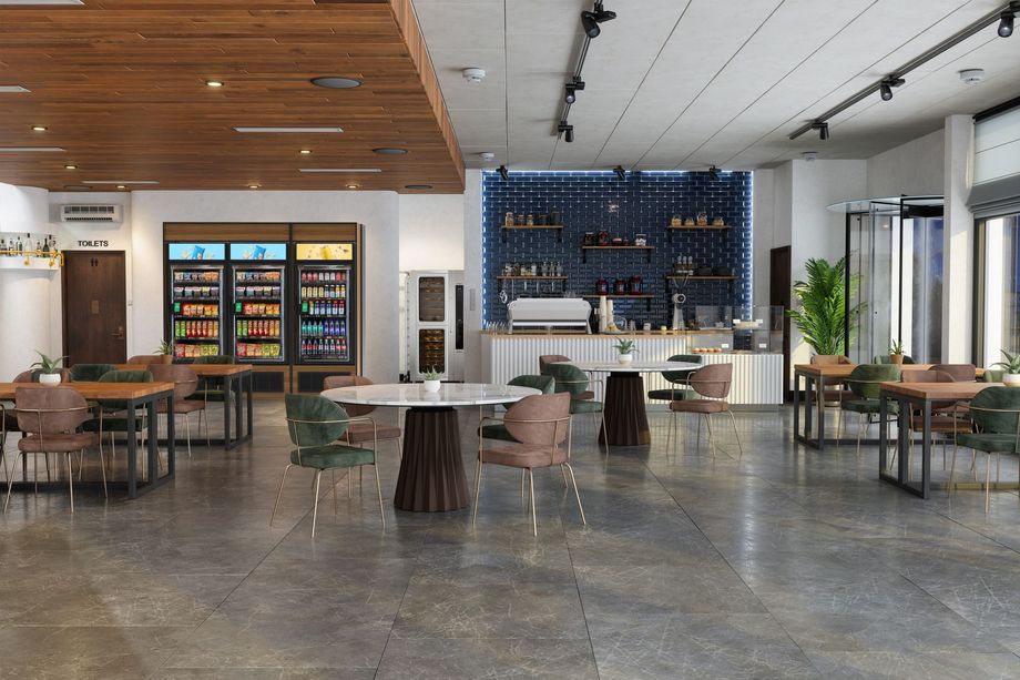 An artist 's impression of a restaurant with tables and chairs.