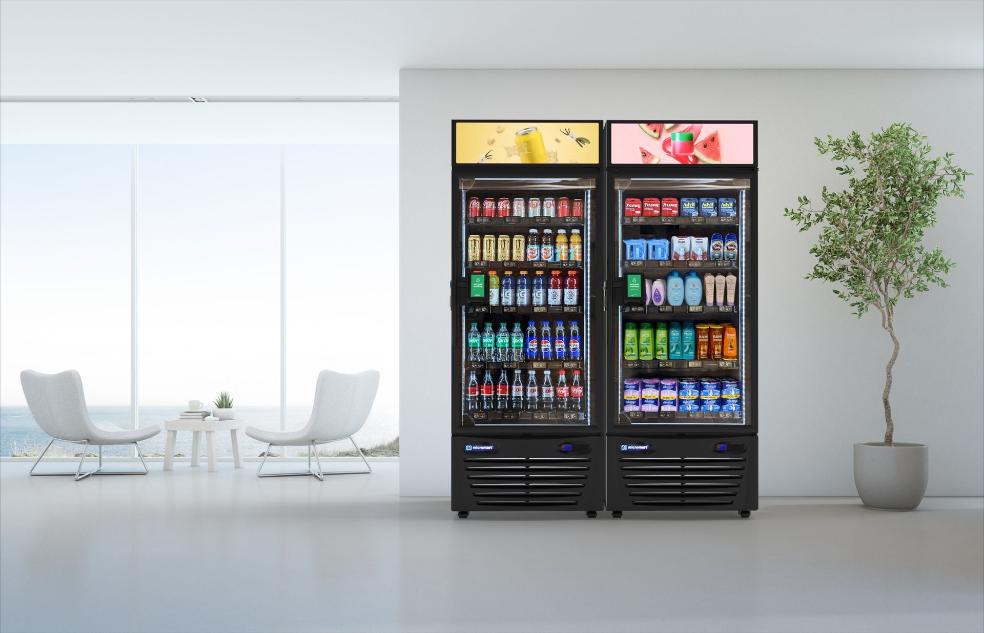 A room with two refrigerators filled with drinks and a plant.