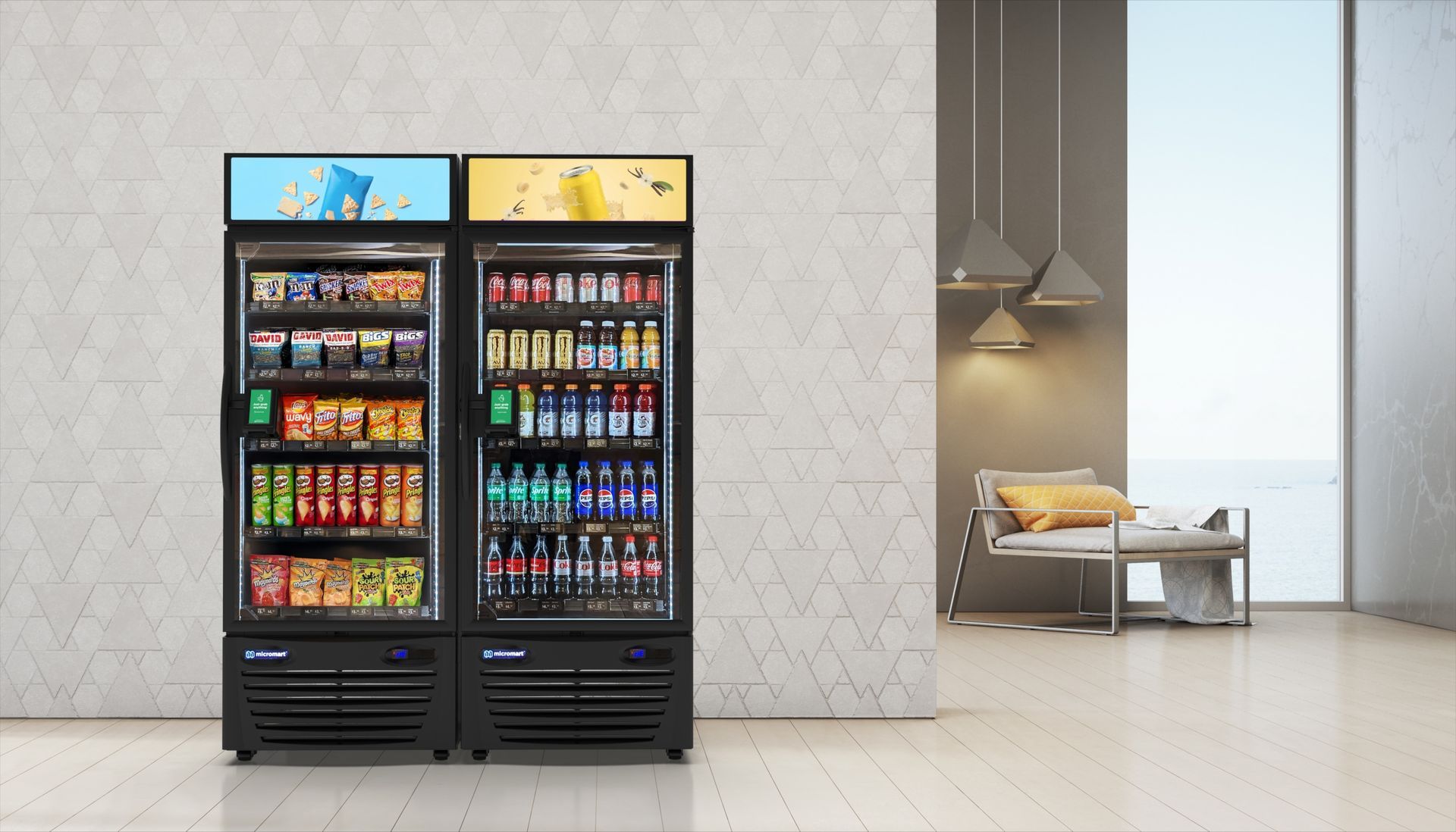 Two refrigerators are sitting next to each other in a room.