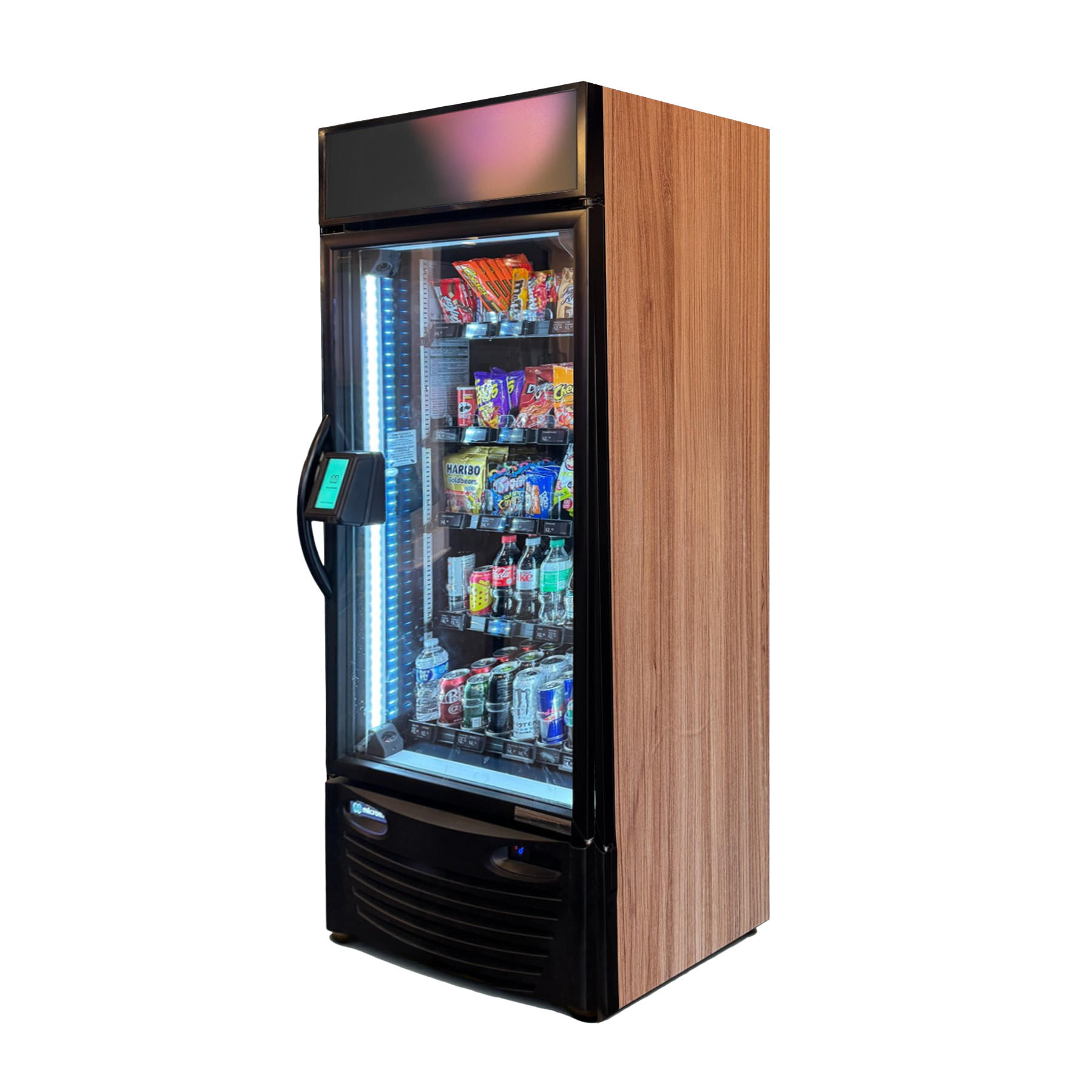 A vending machine with a wooden door and a glass door.