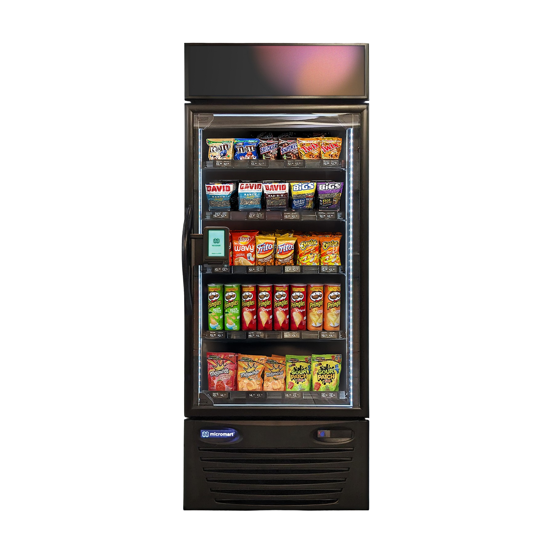 A vending machine filled with snacks and drinks on a white background.