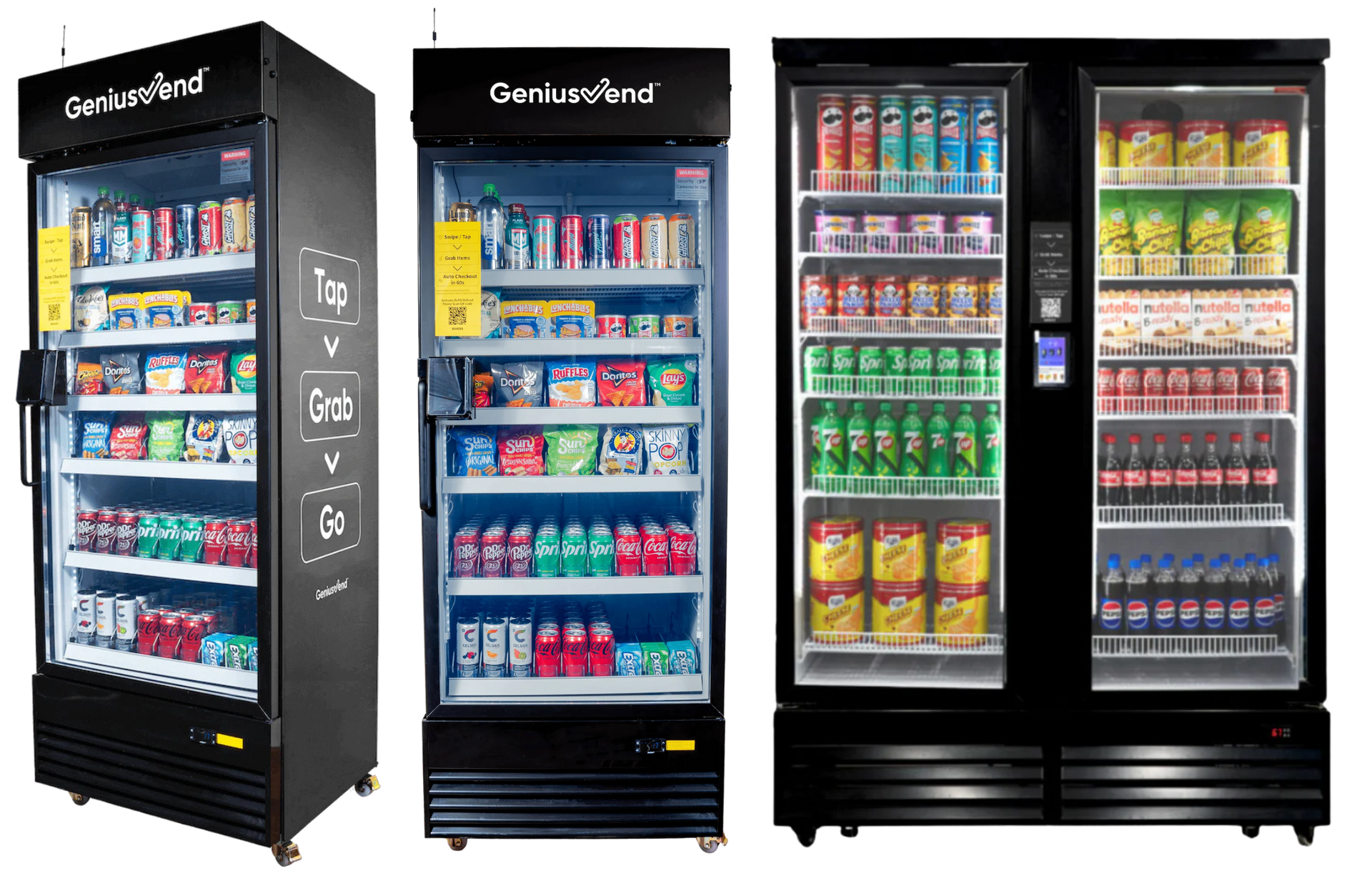 Three vending machines are lined up next to each other on a white background.