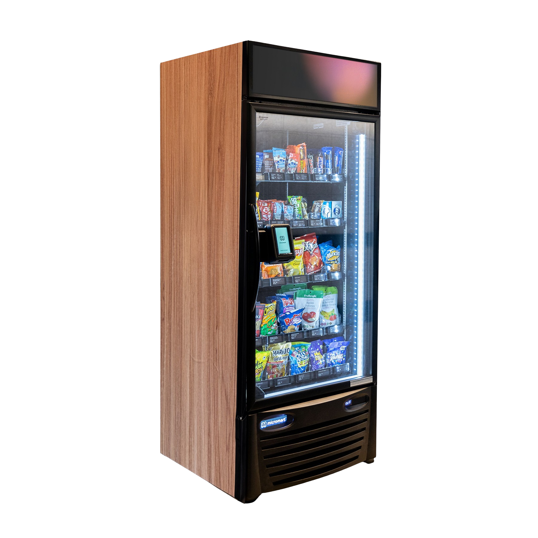 A vending machine with a glass door filled with snacks and drinks.