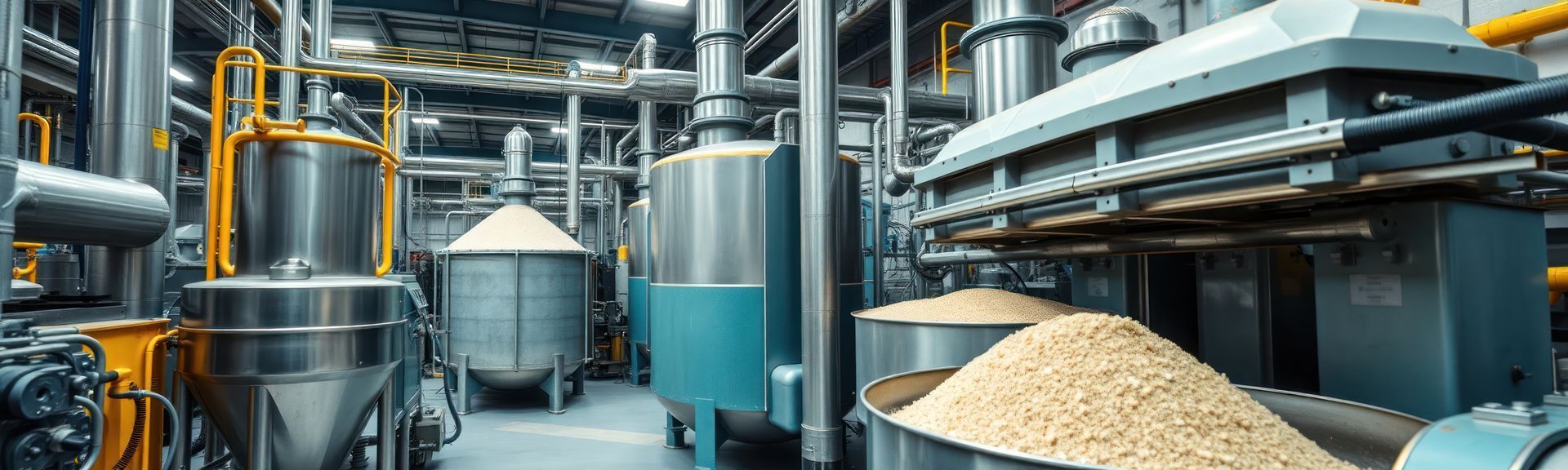 Une usine remplie de nombreuses machines et d'un tas de copeaux de bois.