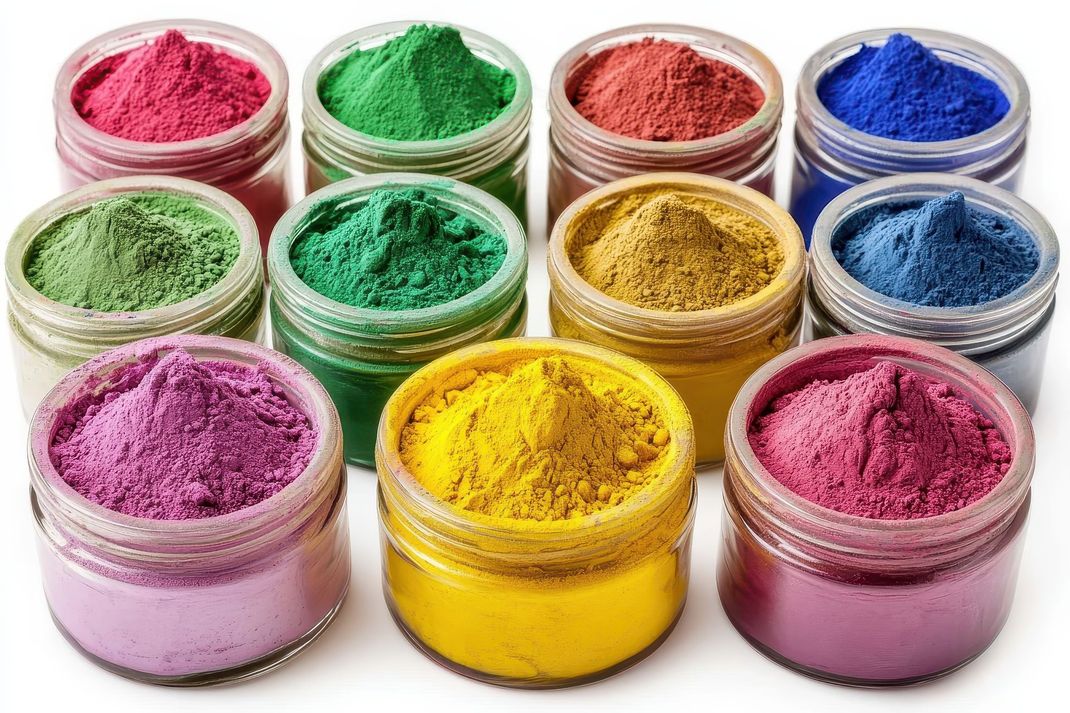 A group of jars filled with different colored powders.