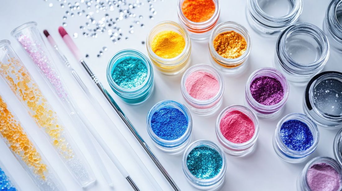 A bunch of jars of glitter and brushes on a table.
