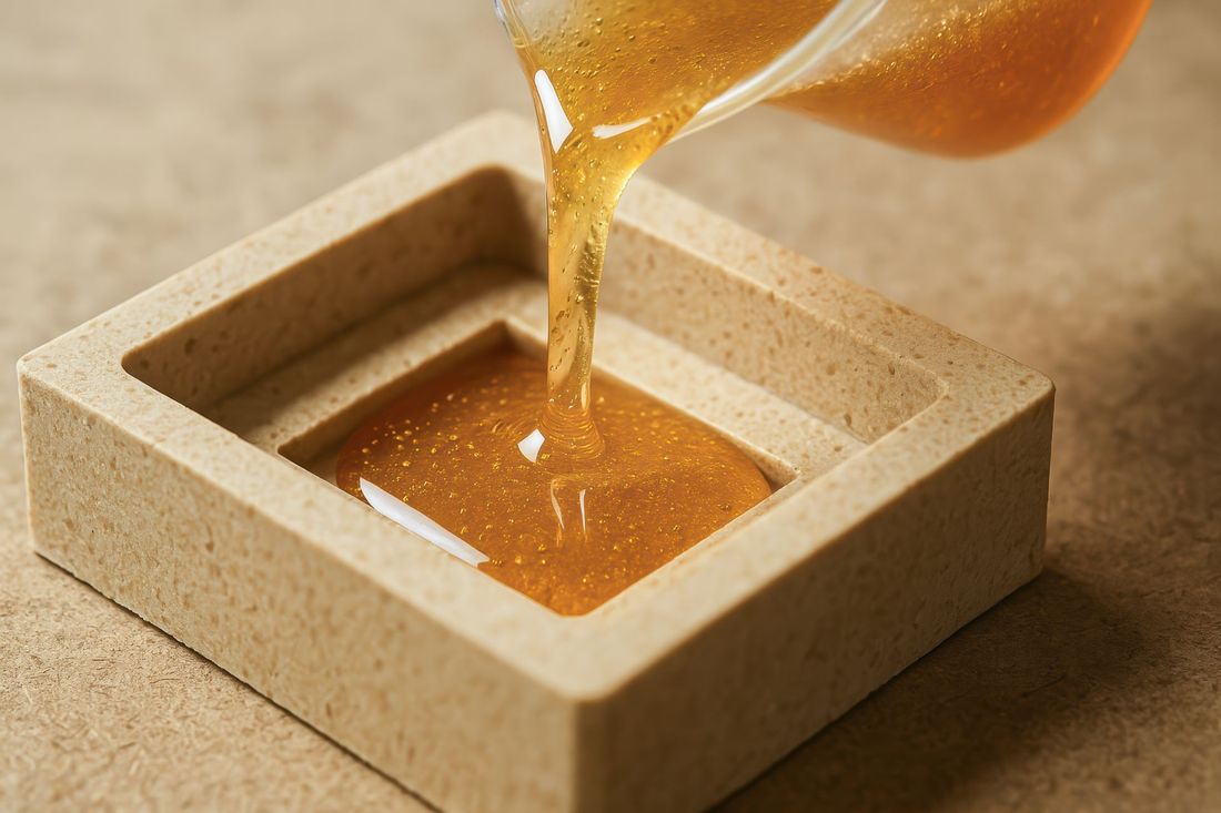 A person is pouring liquid into a square container.