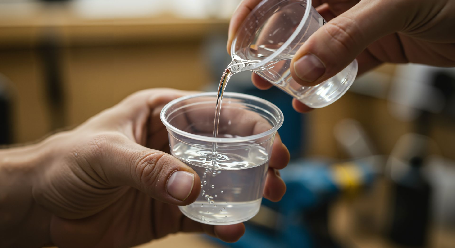 A person is pouring liquid into a plastic cup.
