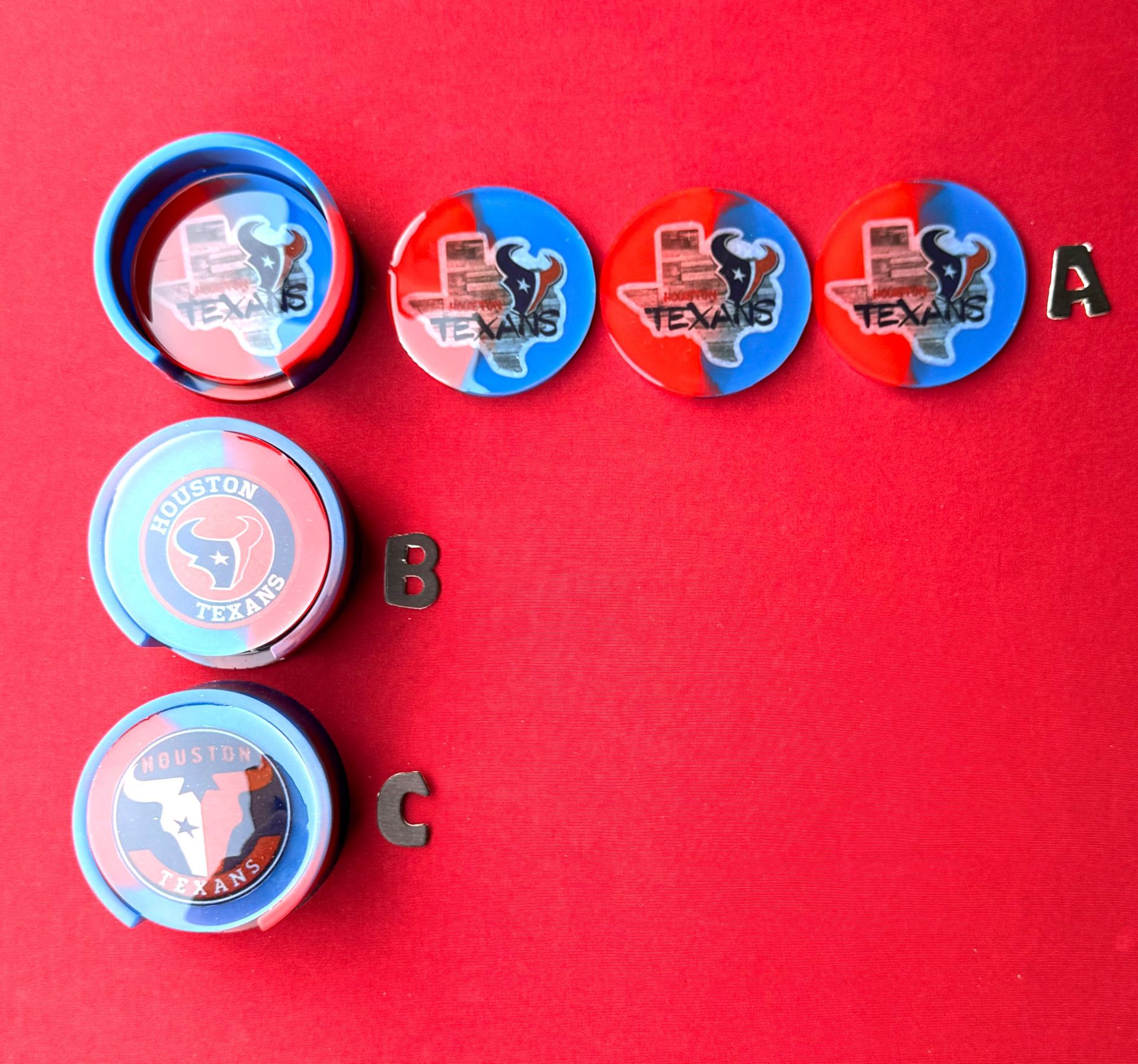 A red and blue circle with a texas logo on it