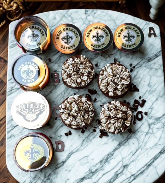 A marble serving board displays four Saints-themed coasters, and three topped chocolate desserts next to coffee beans.
