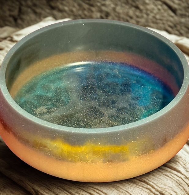Glass bowl with a galaxy-like interior and a gradient of colors on a wood surface.