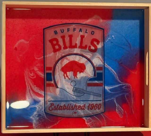 Buffalo Bills tray with logo on red and blue epoxy with wooden frame.