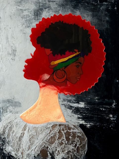 Silhouette of Black woman with Afro and headscarf. Red outline on black and white background.