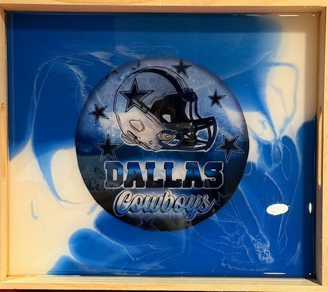 A dallas cowboys logo on a blue and white background