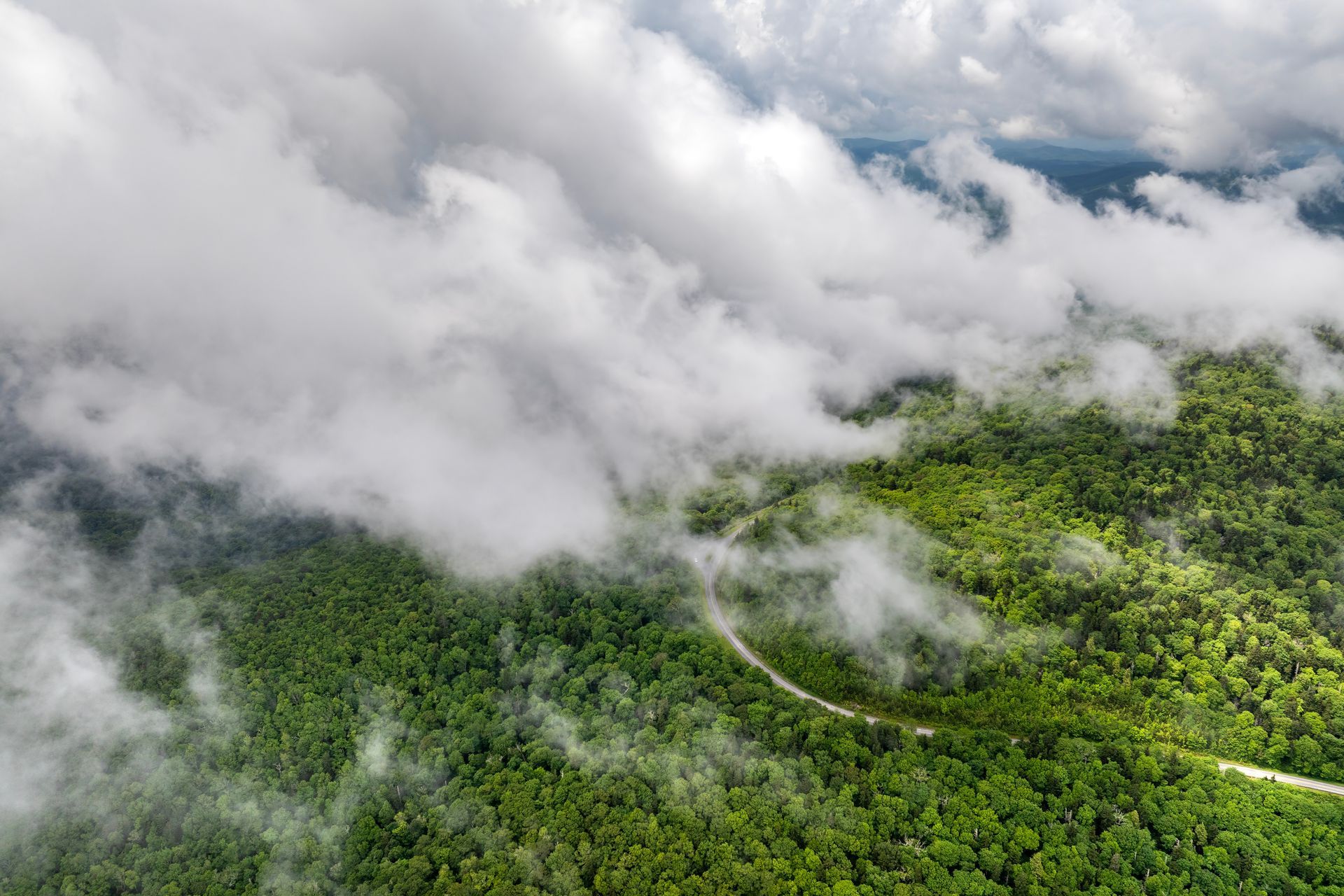 An aerial view of a road going through a lush green forest surrounded by clouds.