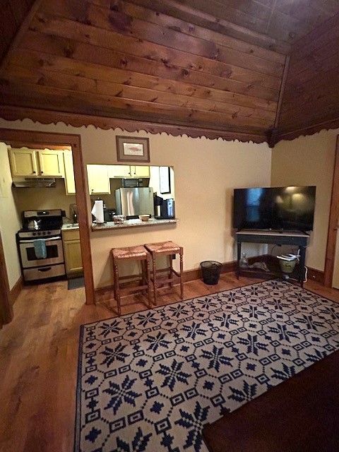 A living room with a rug and a flat screen tv.