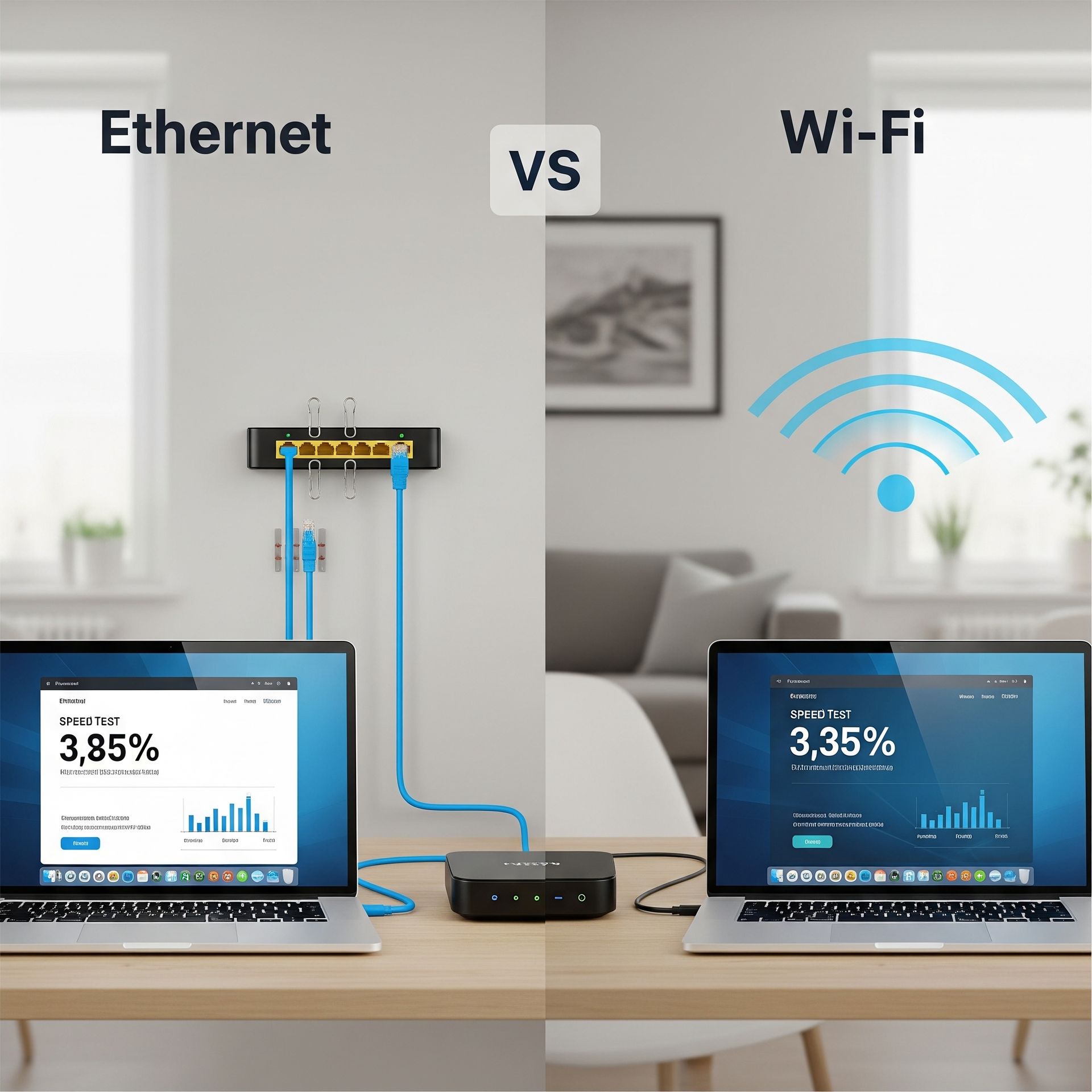 Two laptops are connected to an ethernet router and one is connected to a wi-fi router