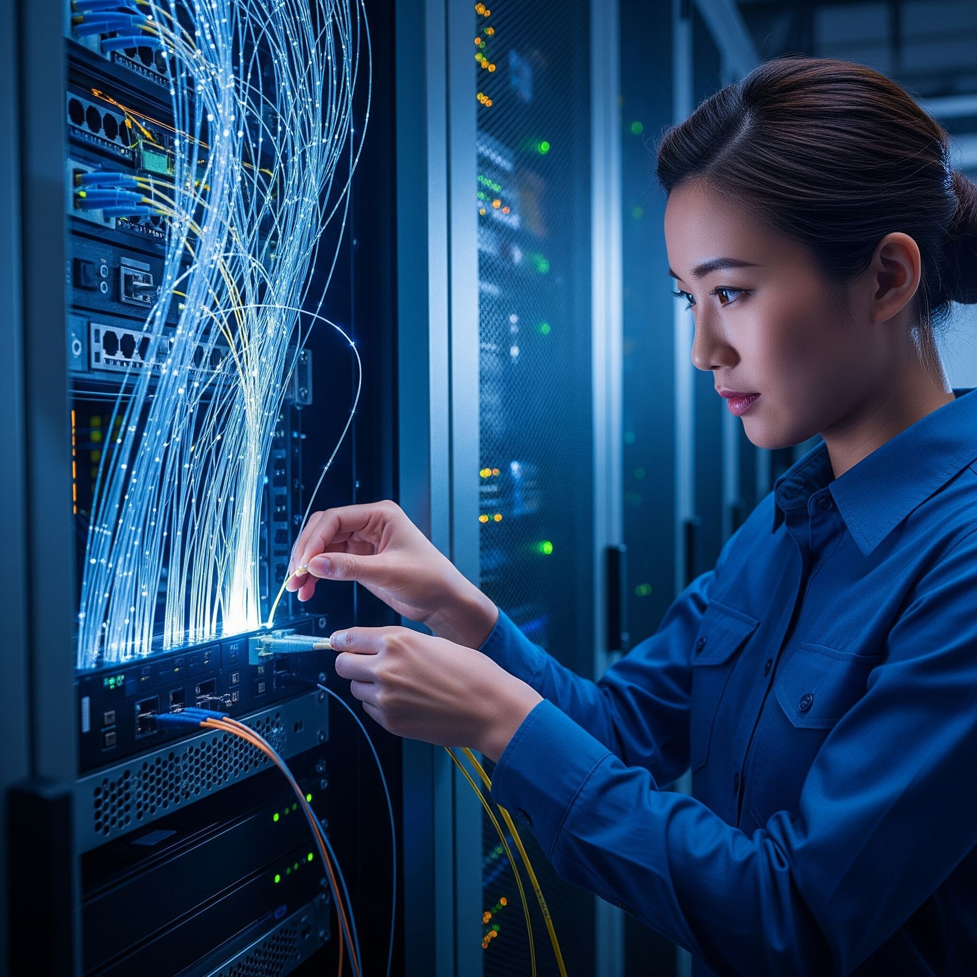 A woman in a blue shirt is working on a server in a data center.