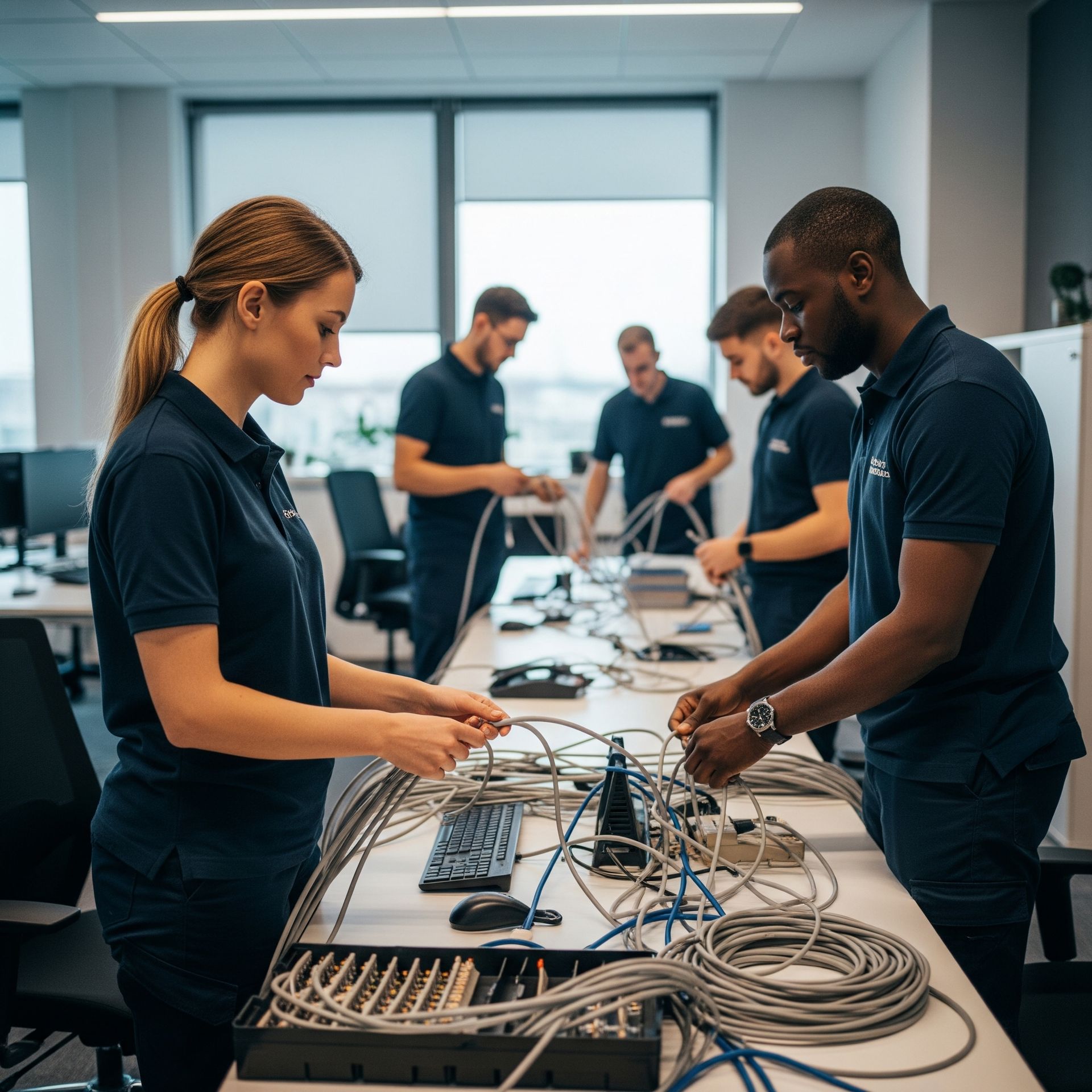 A group of people are working on a computer in an office.
