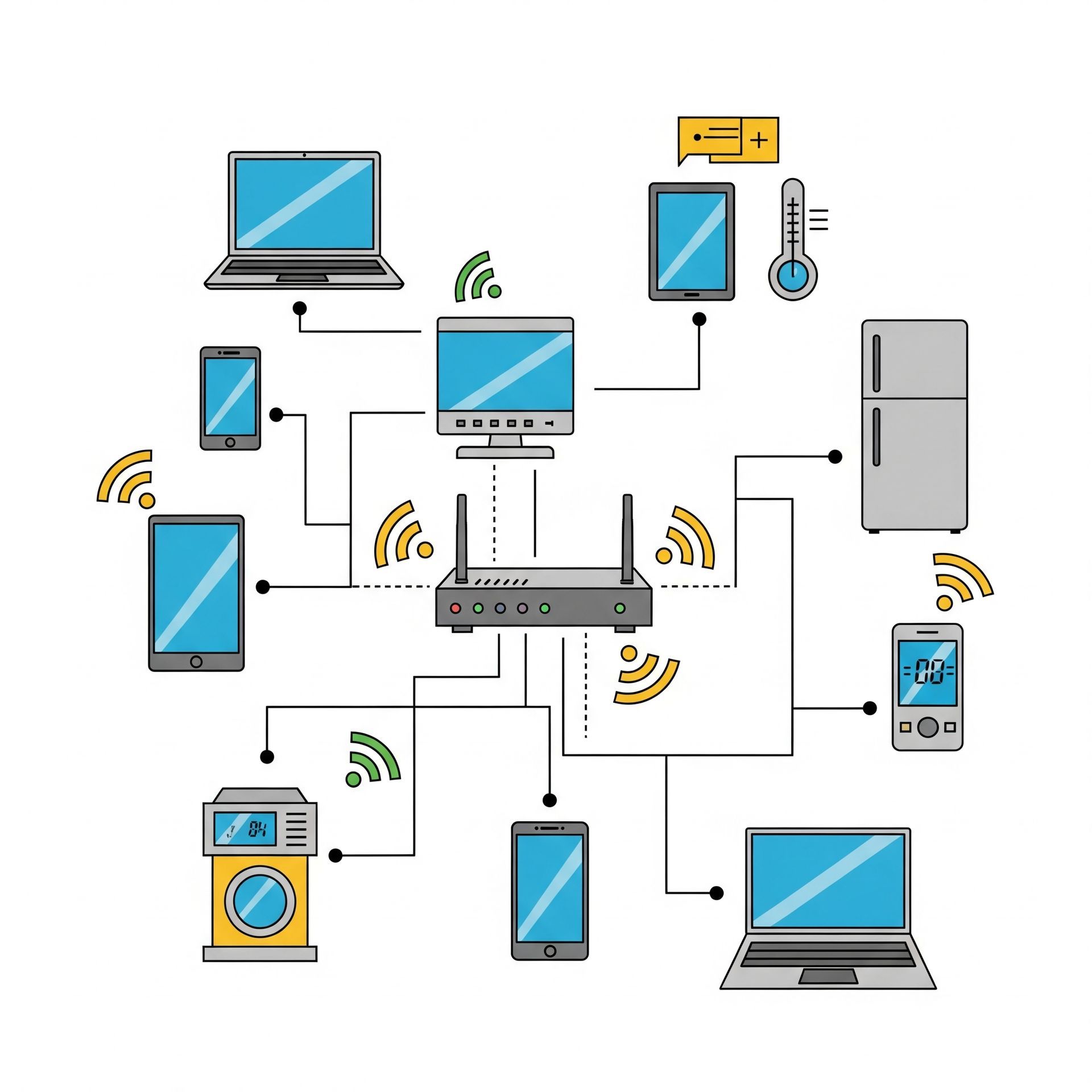 A bunch of electronics are connected to a router.
