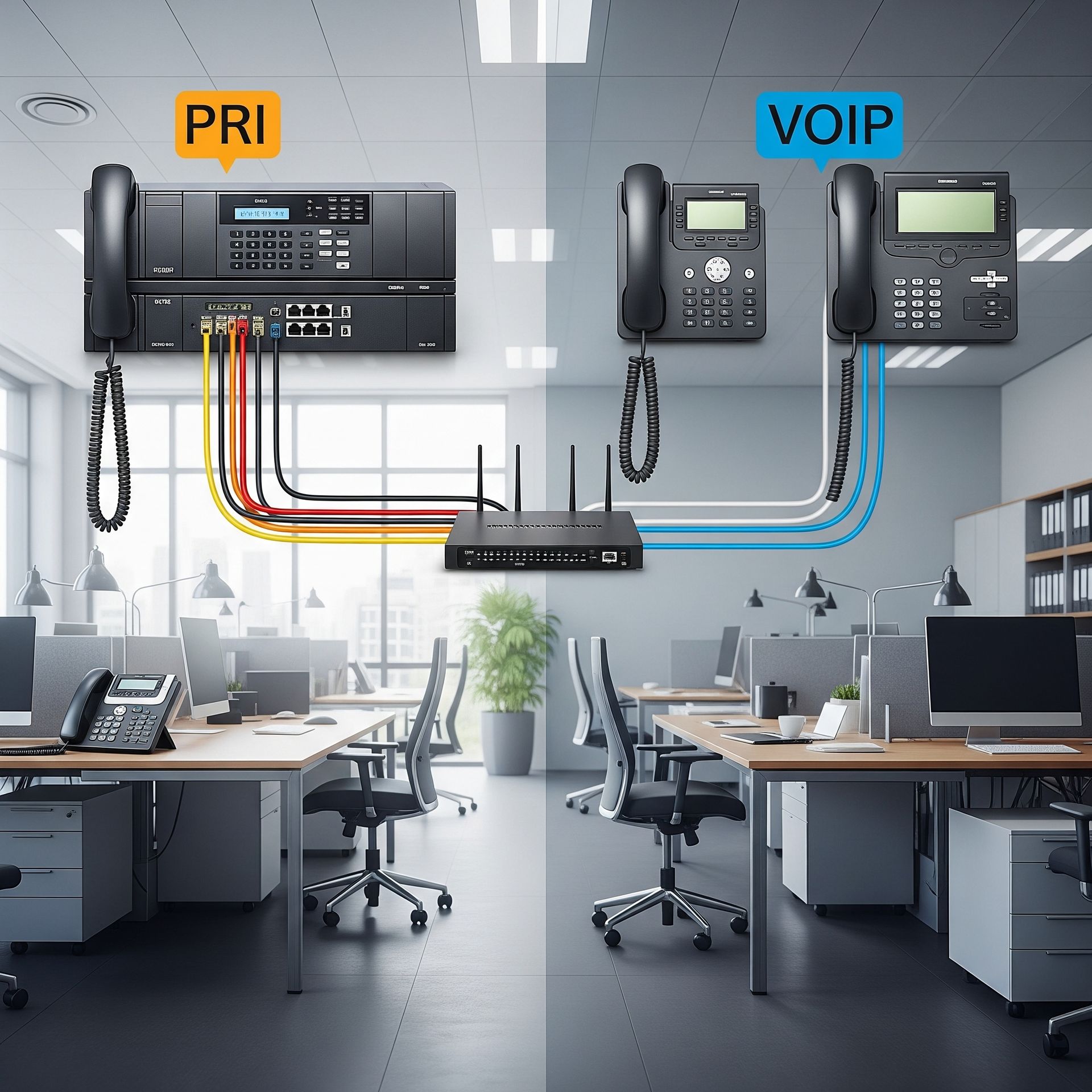 An office with two phones connected to each other and the words pri and voip on the ceiling