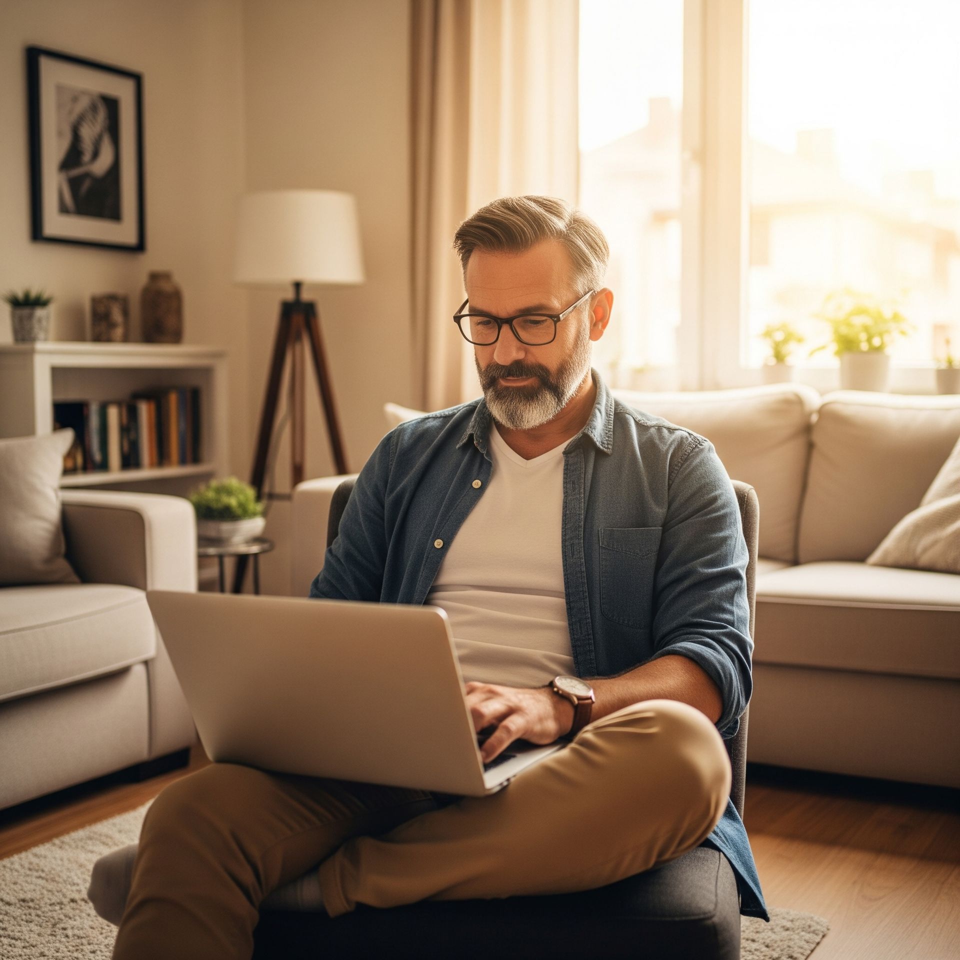 A man is sitting on a couch using a laptop computer.