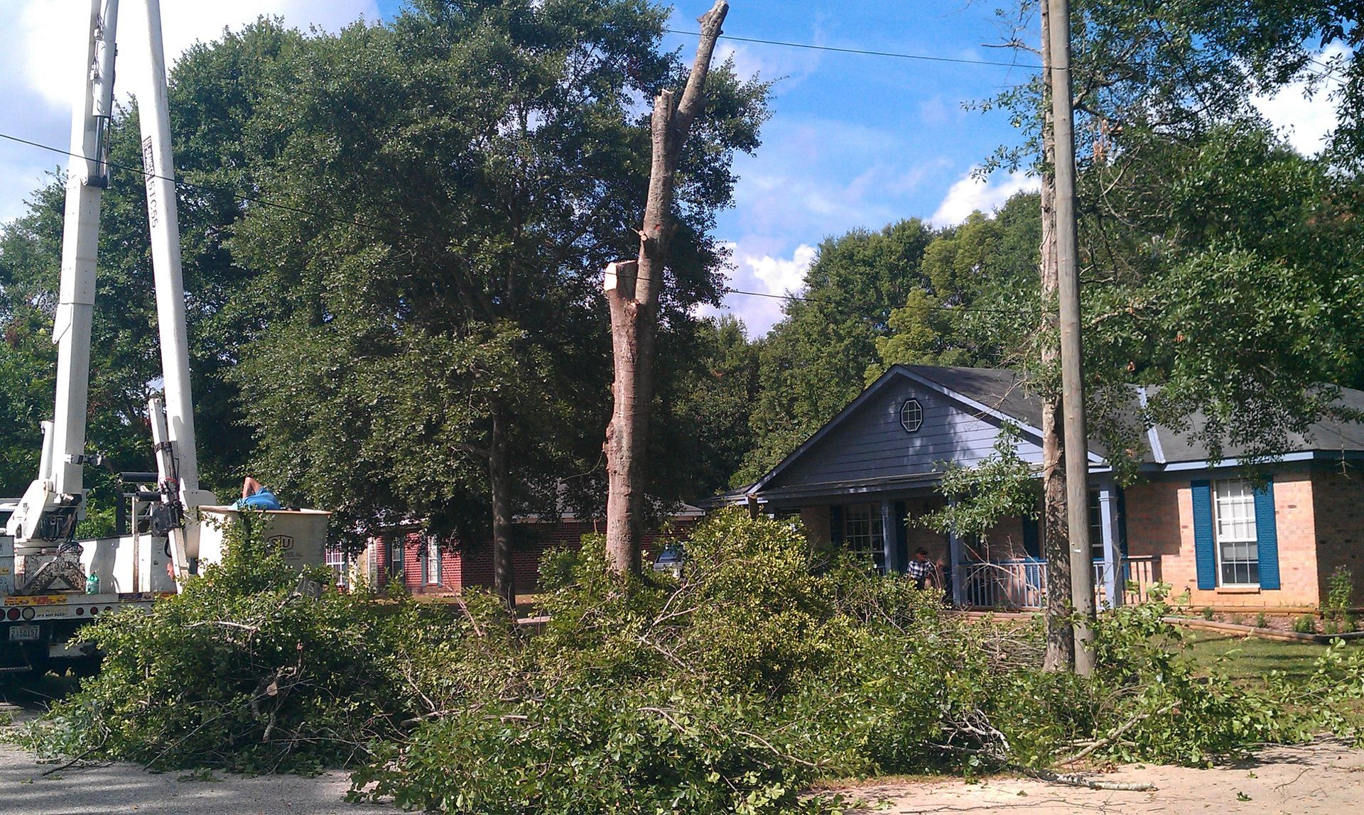A tree service vehicle with a raised bucket arm works to trim a large, partially cut tree in a residential yard.