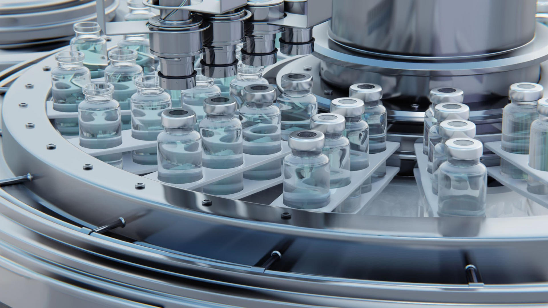 Glass vials on an automated pharmaceutical production line