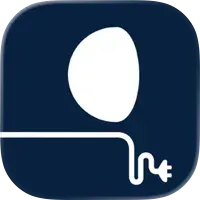 A white abstract shape resembling a head with a power cord extending from it, set against a dark blue rounded square.