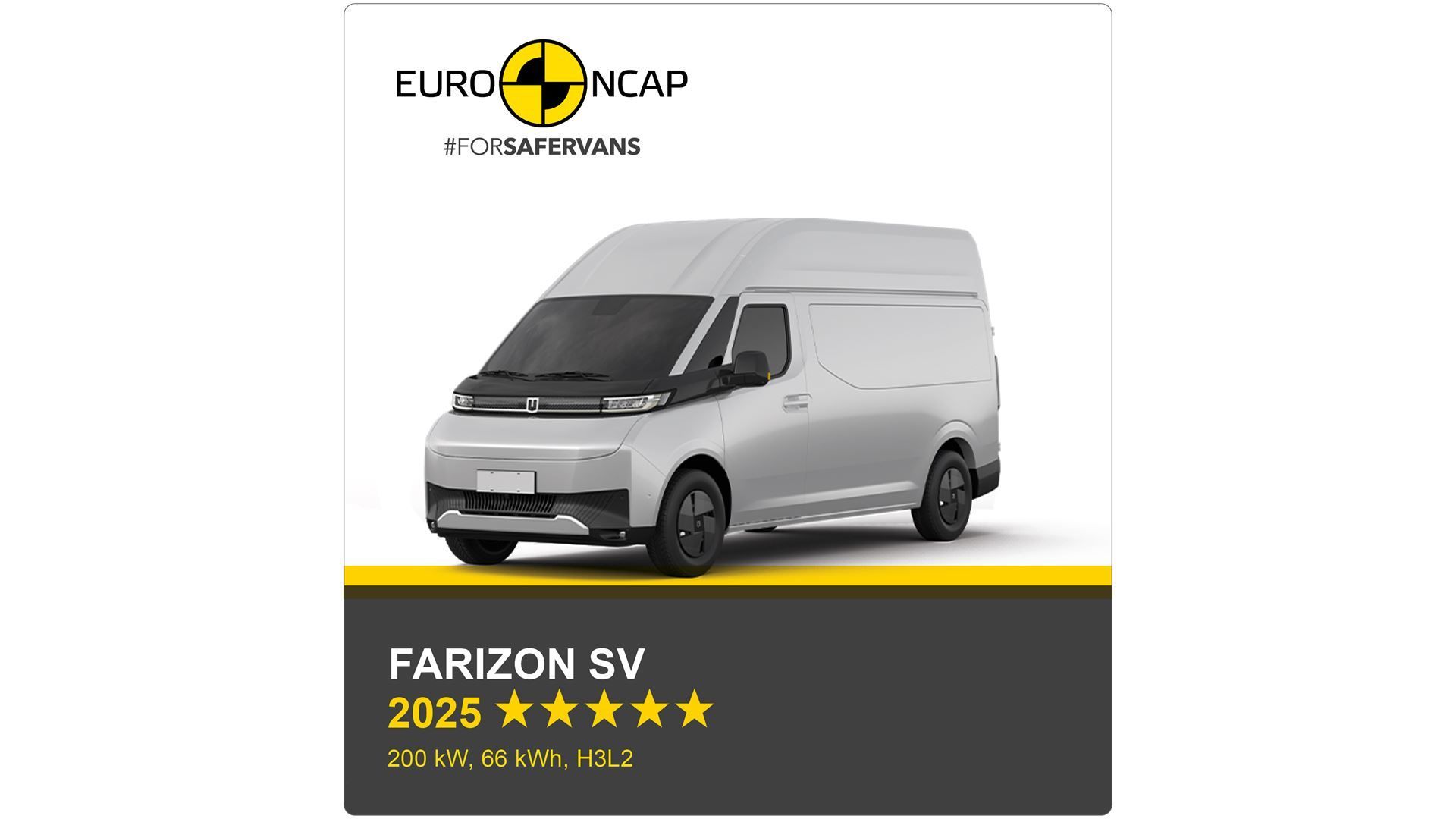 Euro NCAP 5-star safety rating graphic for a silver Farizon SV van, dated 2026.