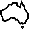 A bold black outline of the Australian continent with a small triangle pointing downwards below the southeastern coast.