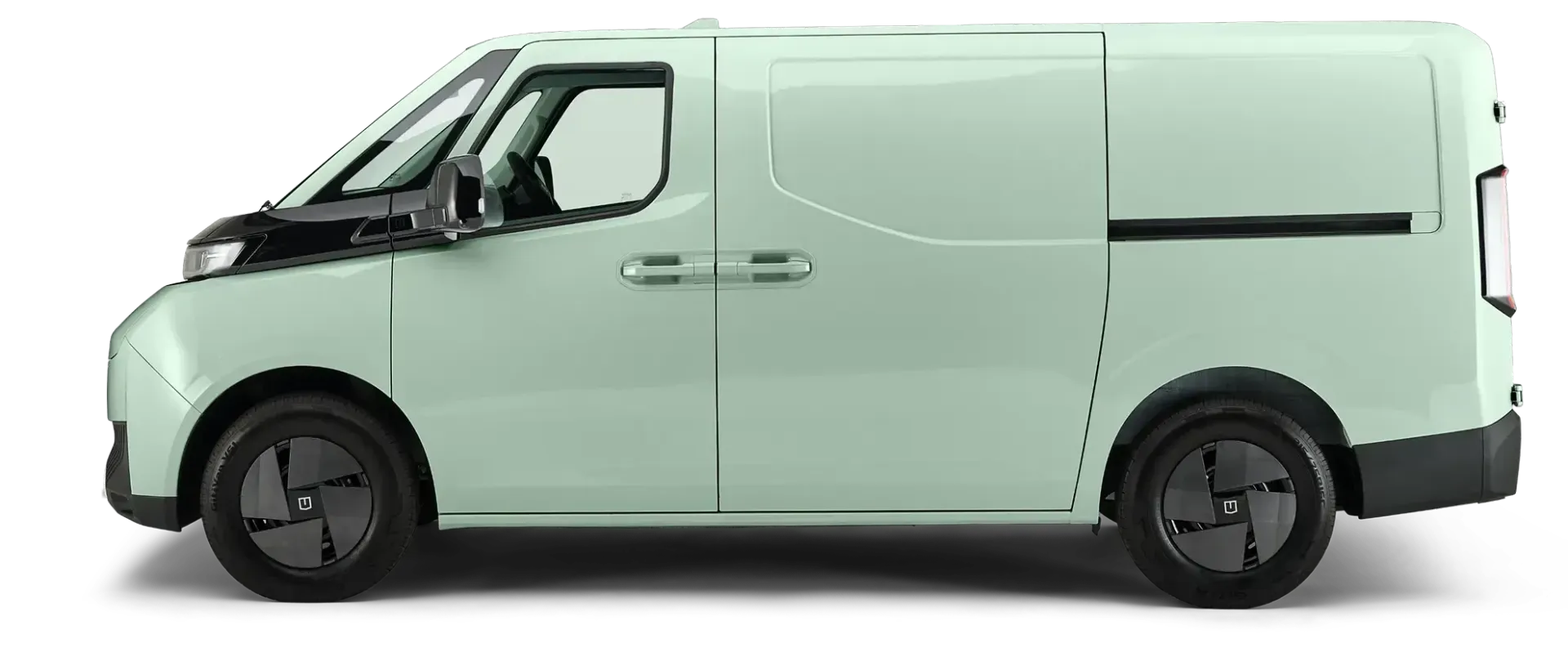 A side view of a light green cargo van with black wheels and trim, isolated against a white background.