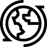 A black icon of a stylized globe encircled by two opposing arrows, representing global recycling or circulation.