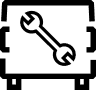 A black icon of a wrench placed diagonally inside a rectangular frame with short legs, representing a settings menu.