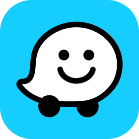 A white, cartoonish, smiling car-shaped icon centered on a bright blue rounded square background.