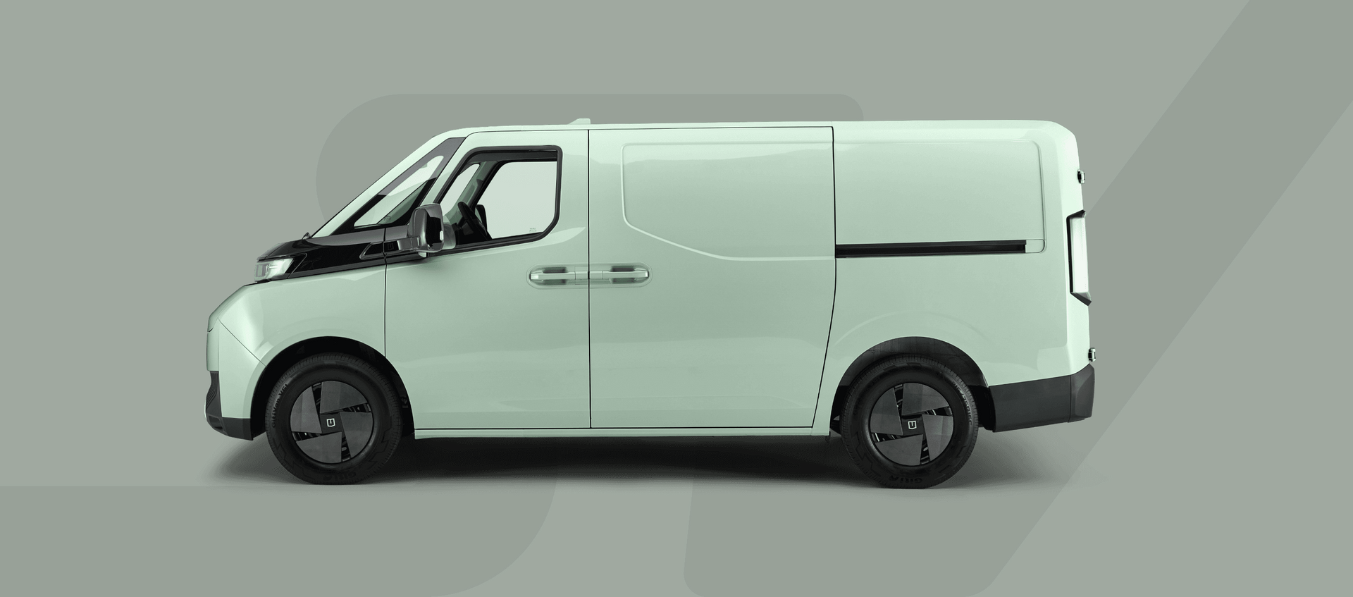 A pale green electric cargo van shown from the side against a neutral gray background.