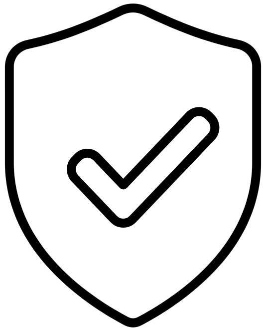 A black outline icon of a shield containing a check mark, symbolizing security or verification.