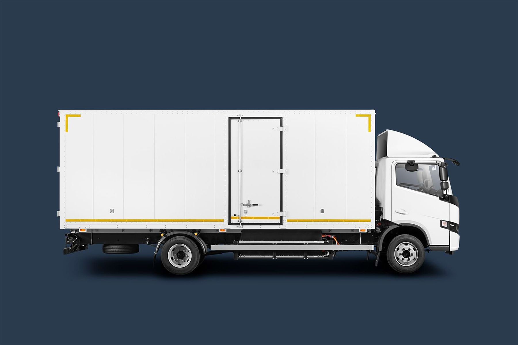 A white box truck with a side service door, isolated against a solid dark blue background.